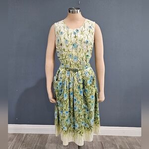 Vintage 50s 60s MARCY LEE Blue Green Fit Flare Floral Belted Midi Dress M/L